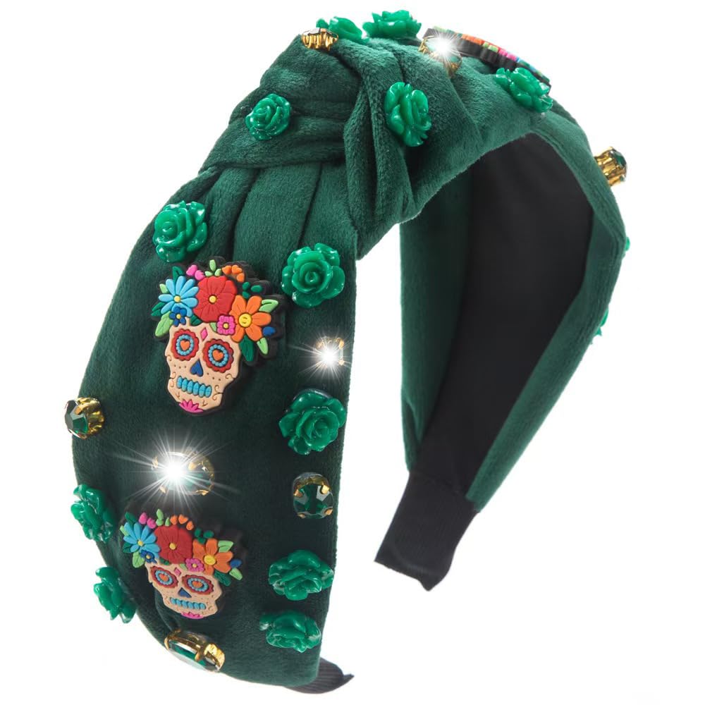 Mixcbe Halloween Sugar Skull Headbands for Women Day of the Dead Skull Flower Green Headband Festival Rhinestone Knotted Twist W