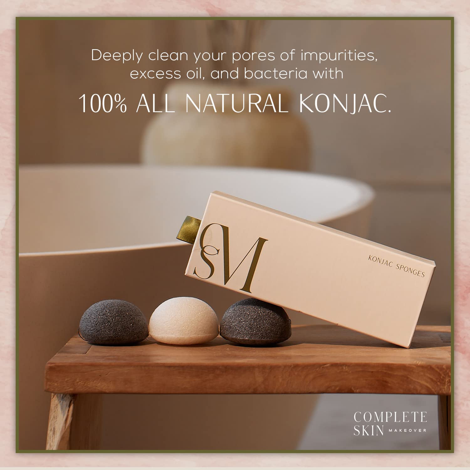 Csm Organic Konjac Sponges 3-Pack For Gentle Exfoliating - Facial Cleansing Sponge With Activated Bamboo Charcoal To Clean Pores