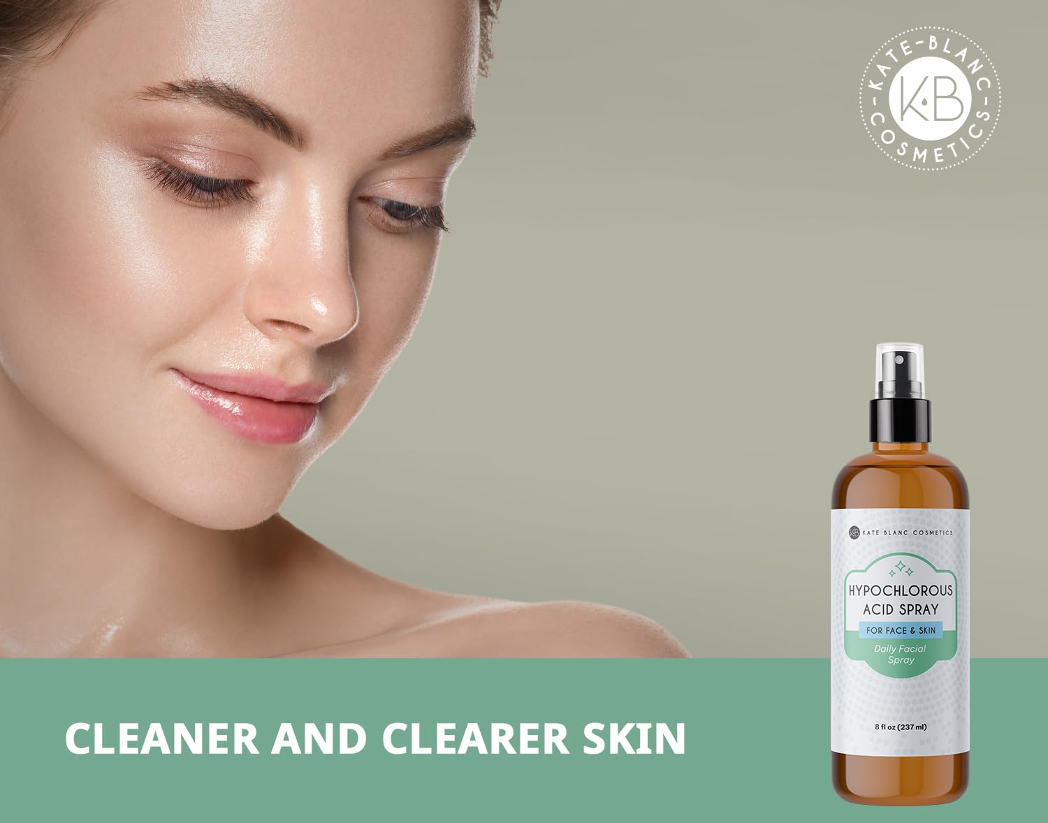 Kate Blanc Cosmetics Hypochlorous Acid Spray for Face and Skin. Gentle Facial Cleanser for Acne and Body with .02% HOCl (8oz)