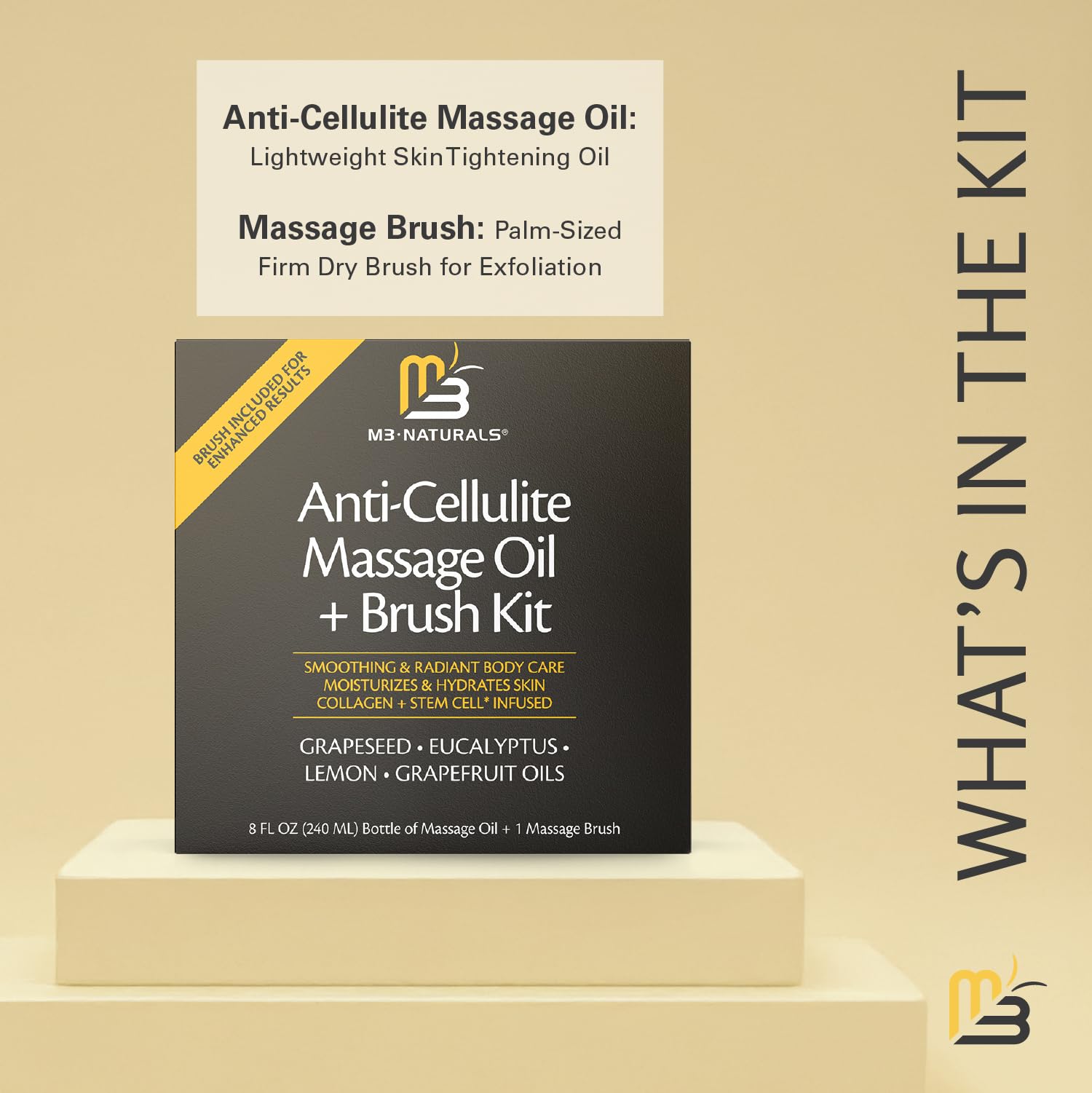 M3 Naturals Anti Cellulite Massage Oil & Firm Dry Brush Kit - Collagen & Stem Cell, 4 Fl Oz (Pack of 2) - Radiant Body Care for Women