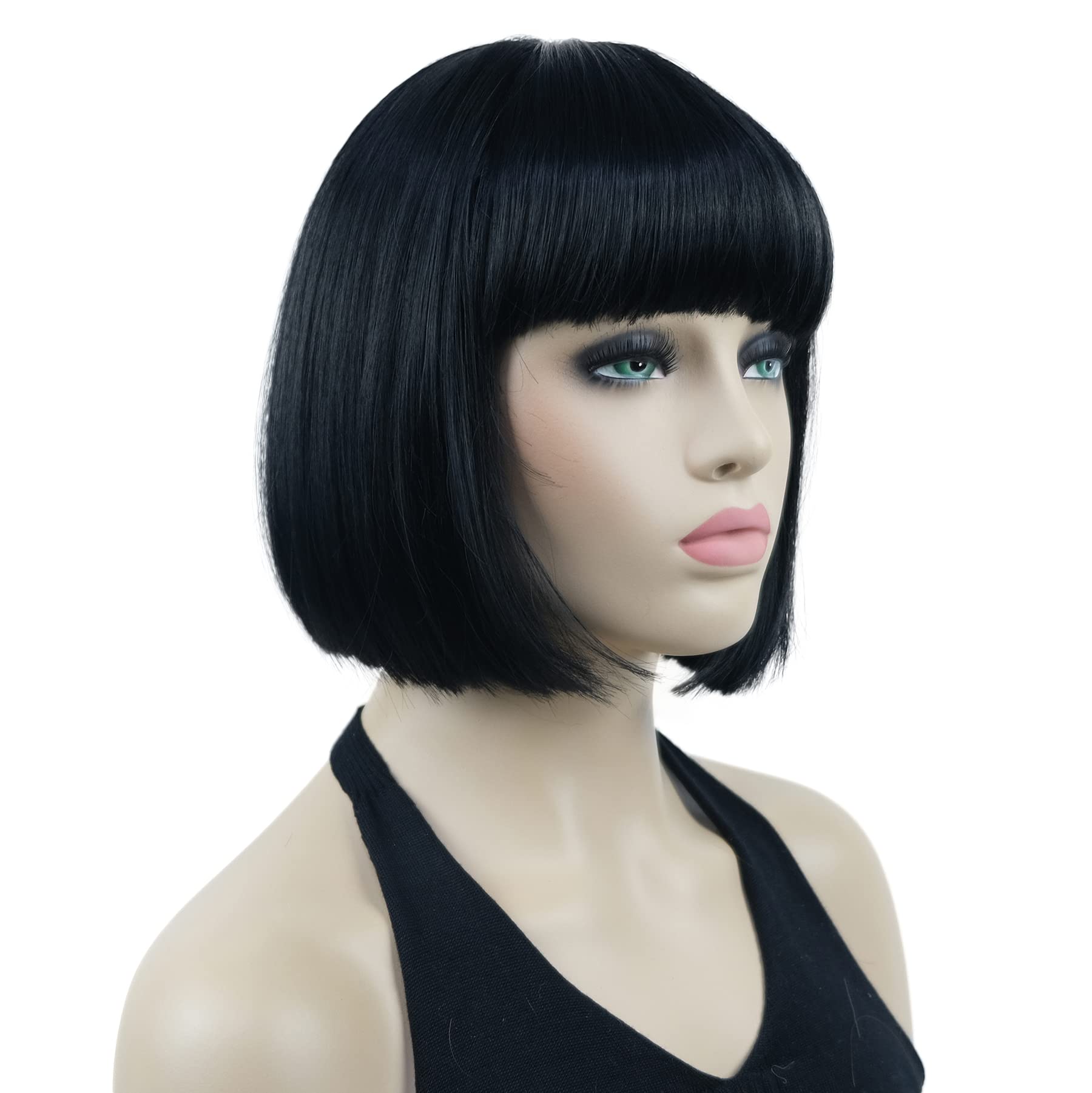 Lydell 8'' Straight Short Bob Hair Flat Bangs Cute Central Dot Skin Top Heat Resistant Synthetic Wigs (Black)