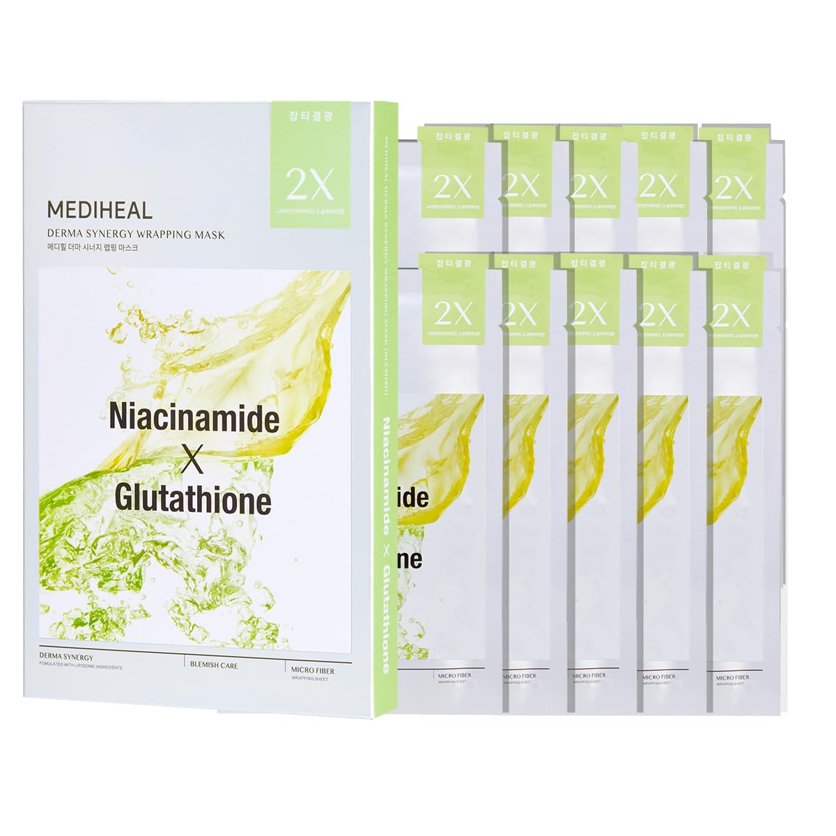 Mediheal Derma Synergy Wrapping Mask for Blemish Care (10 Packs) - Improved Blemish and Skin Brightening with Niacinamide, Gluta