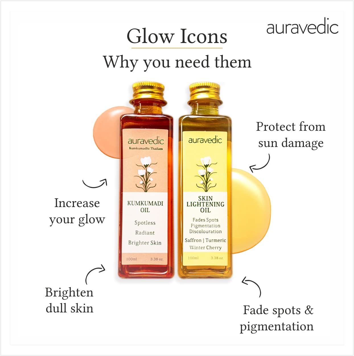 Auravedic Kumkumadi Oil & Skin Oil Combo | Saffron, Turmeric and Winter Cherry Infused Face Moisturizer | Hydrating & Moisturizi