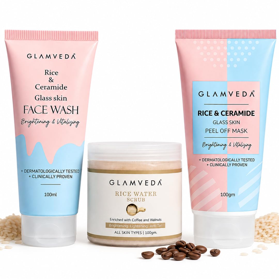 Glamveda Korean Rice & Ceramide 3 Step Face Wash, Face Scrub & Peel Off Mask For Women & Men| Reduces Signs Of Ageing & Skin Bri