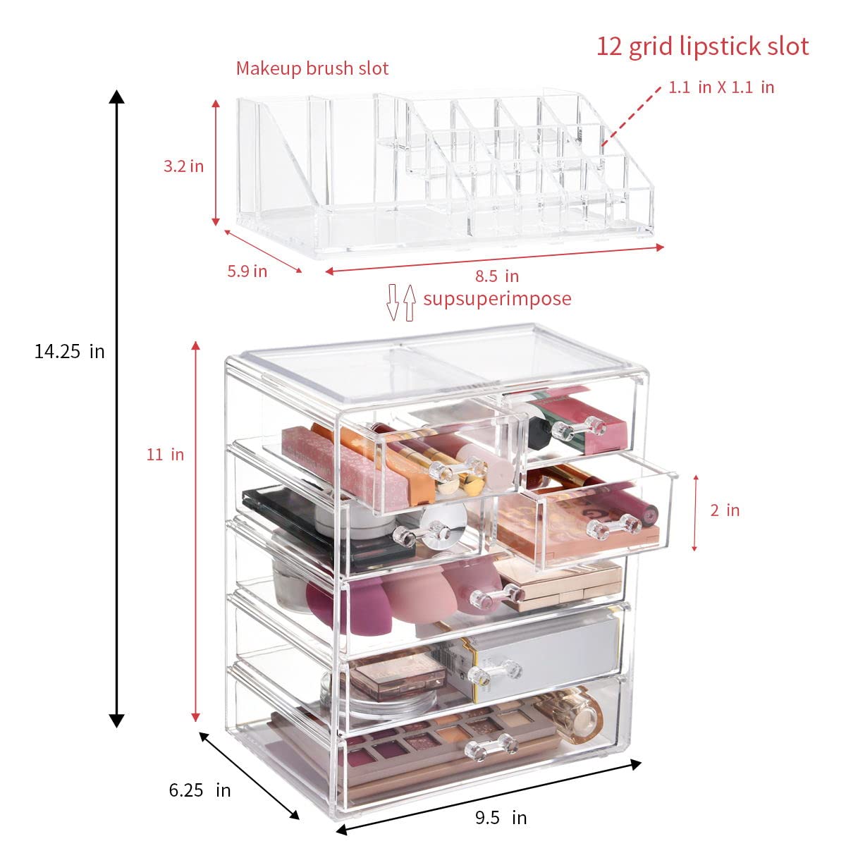 COMVTUPY Clear Makeup Organizer with Brush Holder, Large Acrylic Cosmetic Display Jewelry & Make Up Organizers and Storage for V