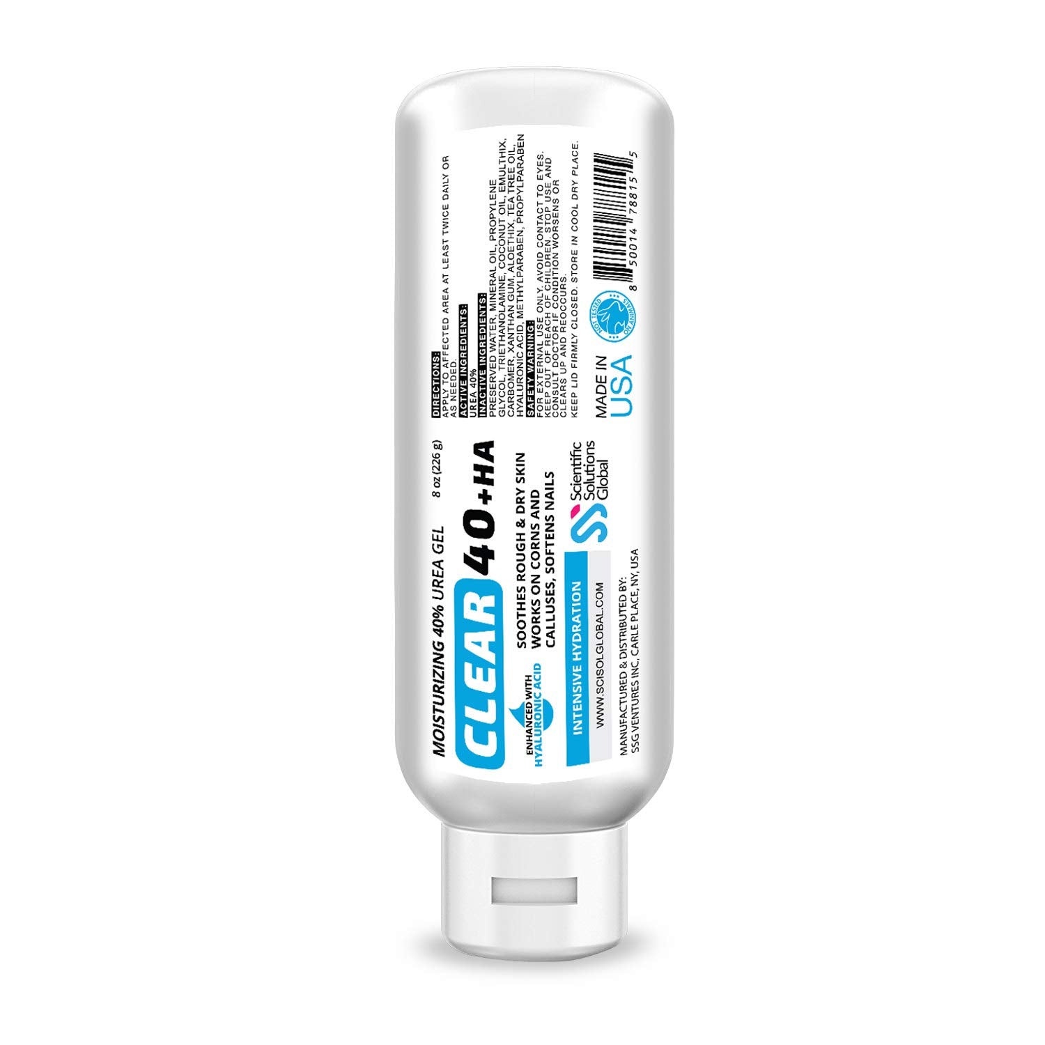 Clear Urea Cream 40% + 1% Hyaluronic Acid (8oz) | Softens Cracked Heels & Dry Skin Urea Cream 40 Percent - Infused w/ Tea Tree &