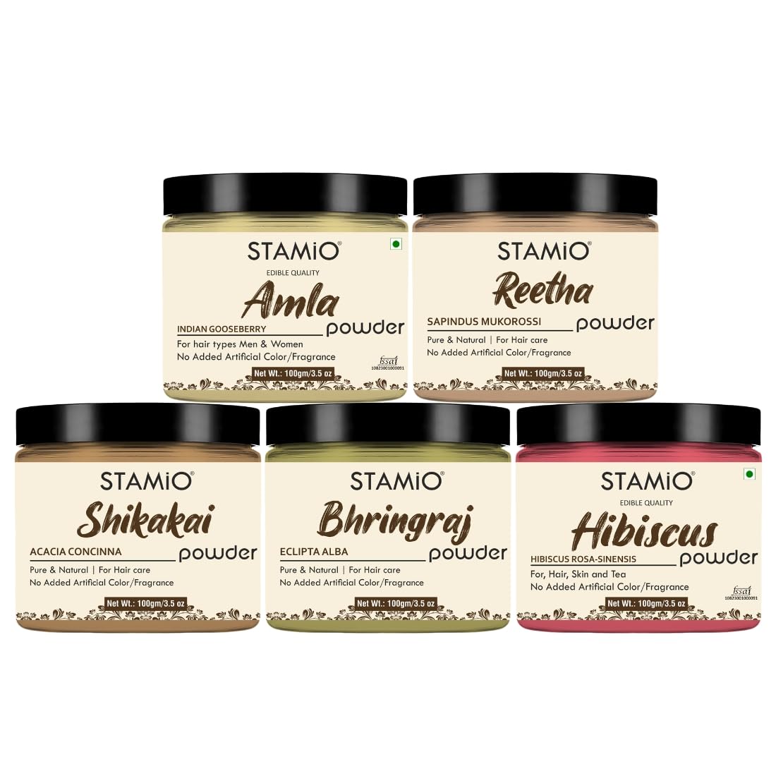 Stamio Hair Care 5 Products Combo 500Gm  Amla Reetha Shikakai Bhringraj Hibiscus Powder For Pack, Wash, Mask, Shampoo, Dandruff