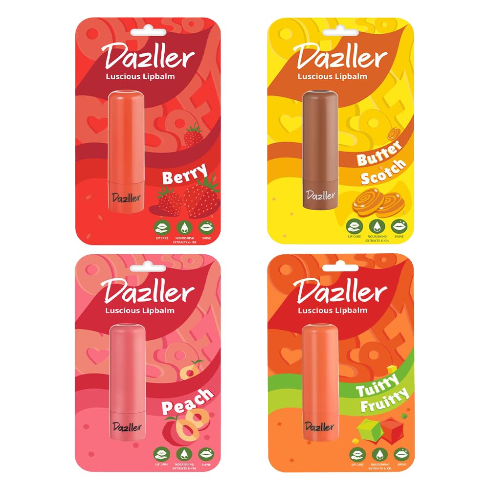 Dazller Luscious Lipbalm, 4G, Bonanza Pack Of 4, Lip Care Essential, Glossy Tint, Soft And Nourished Lips All Day, No Discoloura