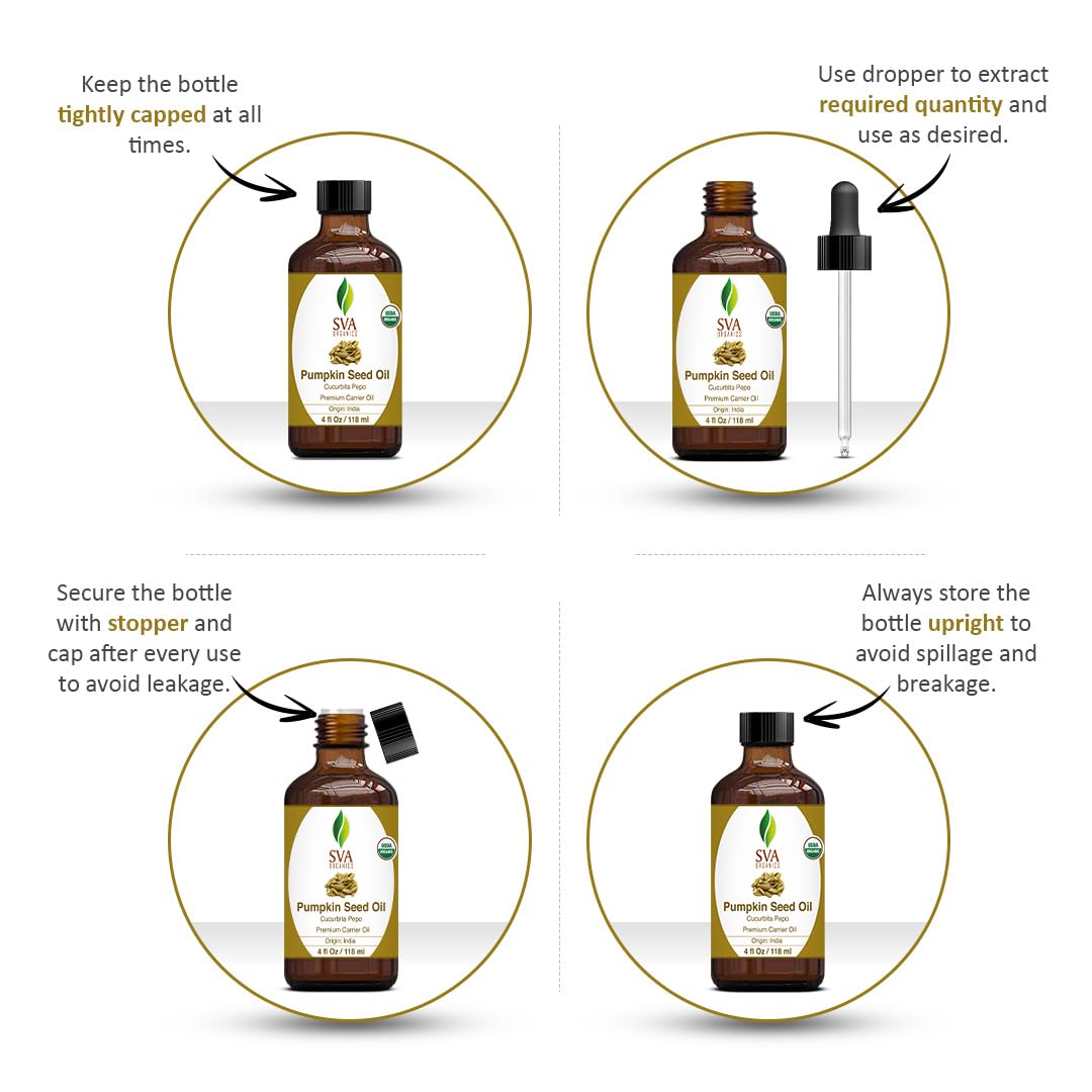 SVA ORGANICS Pumpkin Seed Carrier Oil - 100% Pure, Cold Pressed, 4 Oz, Unrefined, Therapeutic Grade for Skin, Hair, Body
