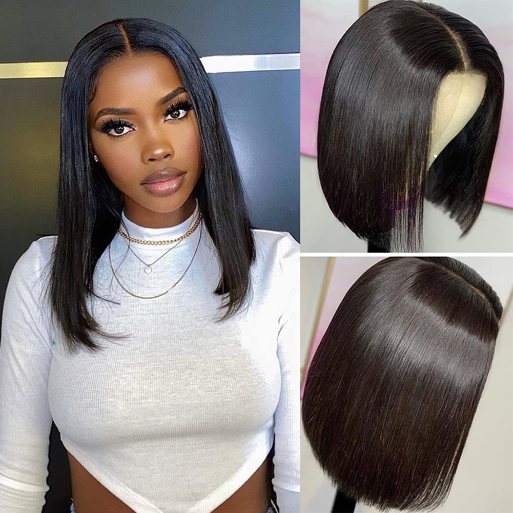 ISEE Glueless Wear and Go Lace Front Wig - 12 Inch Short Straight Bob, Natural Black, Human Hair for Beginners