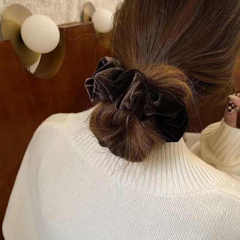 TUCEWP Velvet Scrunchies for Women Girls 4Pcs Large Brown Black Scrunchies Long Thick Curly Hair Soft Hair Bands Neutral Scrunch