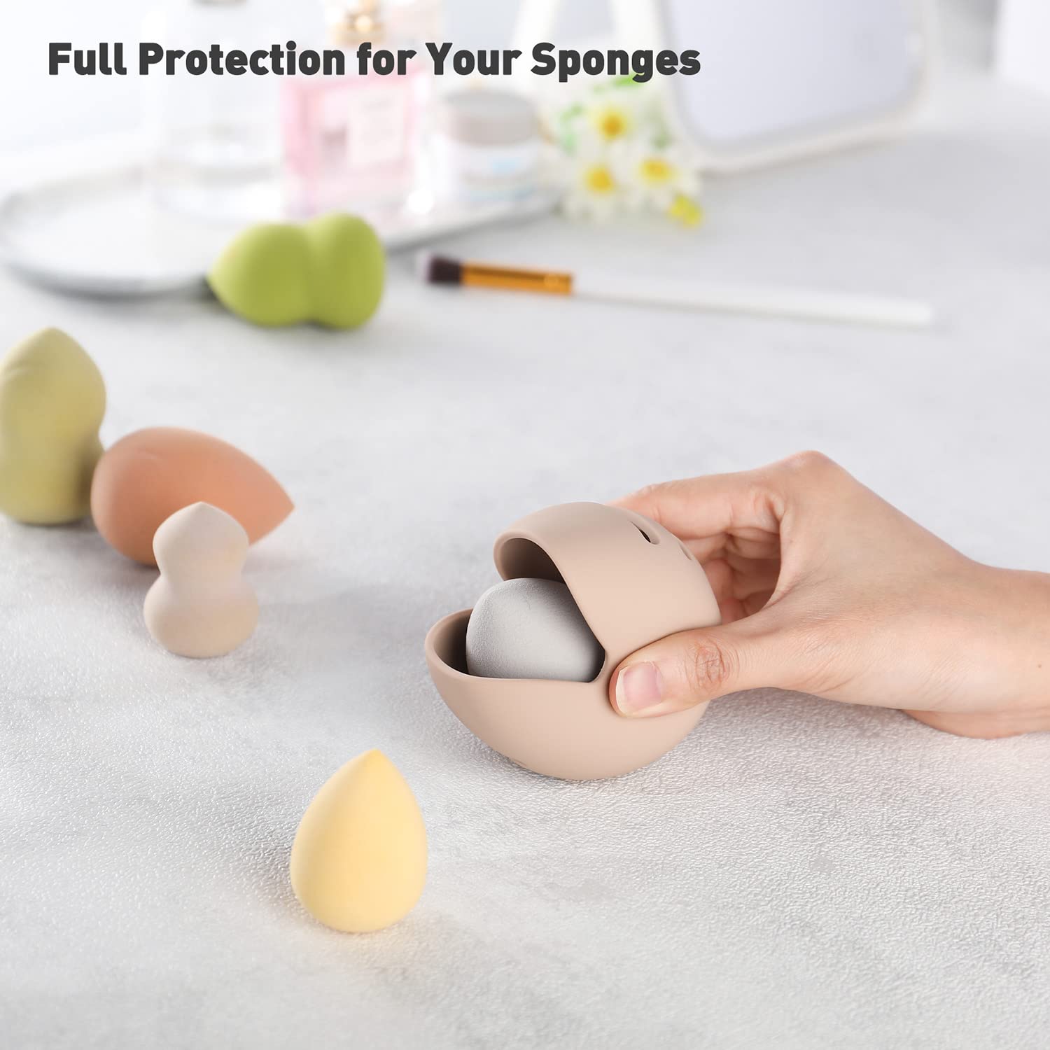BEZOX Makeup Sponge Holder (Pack of 2), Breathable Silicone Beauty Sponge Case for Travel, Cute Make Up Blender Container - Khak