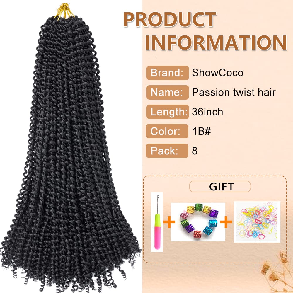 Passion Twist Hair 36 Inch, 8Pcs Water Wave Passion Twist Crochet Hair Extensions Long Bohemian Hair Braiding Passion Twist Brai