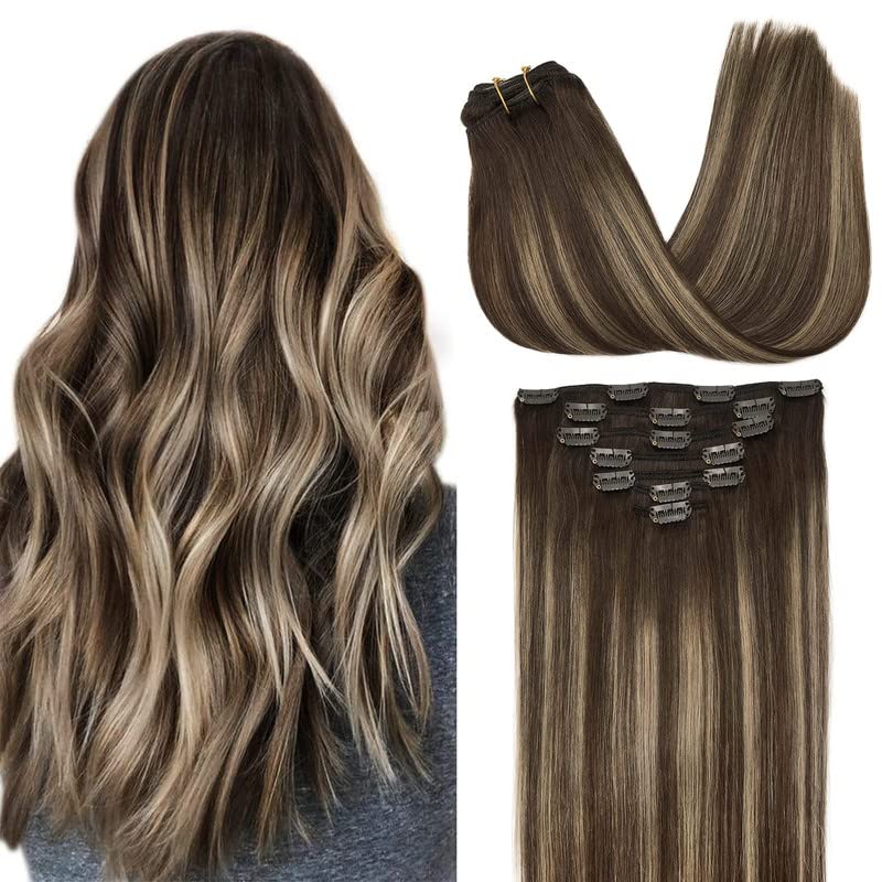 GOO GOO Clip in Hair Extensions Real Human Hair, 12inch 85g 7Pcs, 4/26/4 Balayage Chocolate Brown to Honey Blonde, Remy Human Ha