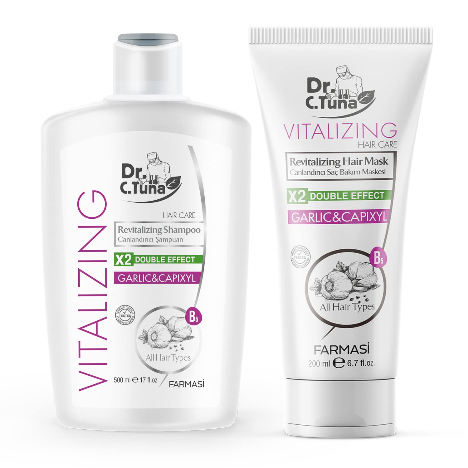 FARMASI Dr. C. Tuna Vitalizing Garlic Shampoo and Hair Mask - Natural Treatment for Hair Growth, Prevents Loss, Stimulates Growt