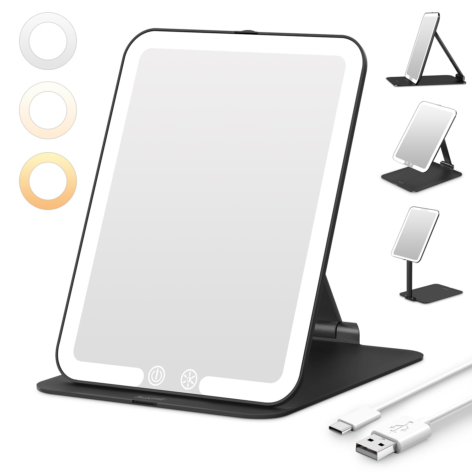 Auxmir Travel Makeup Mirror with 3 Dimmable Color Lights, Portable Foldable LED Lighted Travel Makeup Mirror, Rechargeable Compa