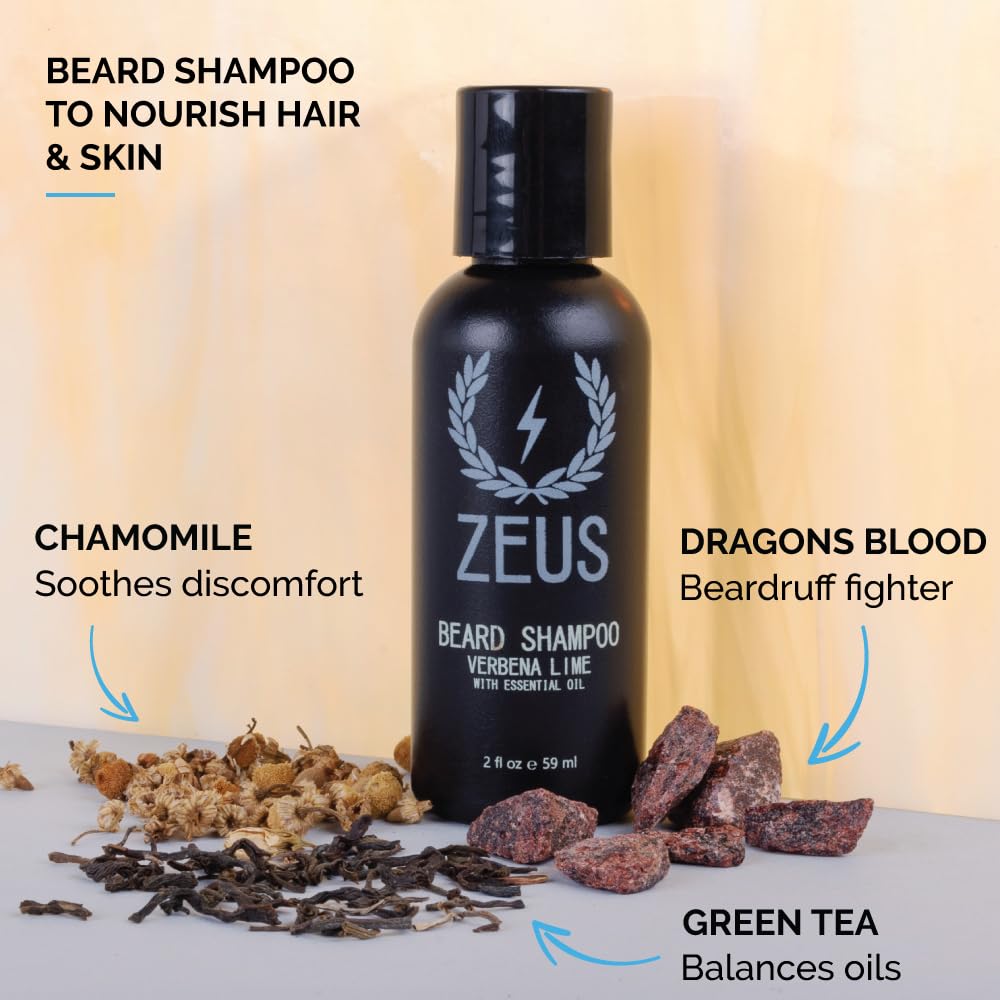 Zeus Travel Size Beard Wash & Beard Conditioner Set For Men - Soften, Hydrates & Moisturizes - Made In Usa (Sandalwood)