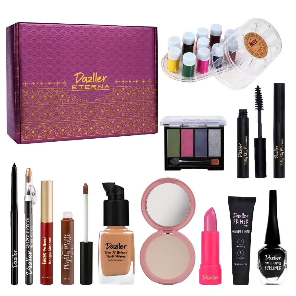 Dazller Grand Glam Kit - Medium Skintone, All-In-One Makeup Set With Primer, Liquid Foundation, Kajal, Mascara, Eyeshadow & More