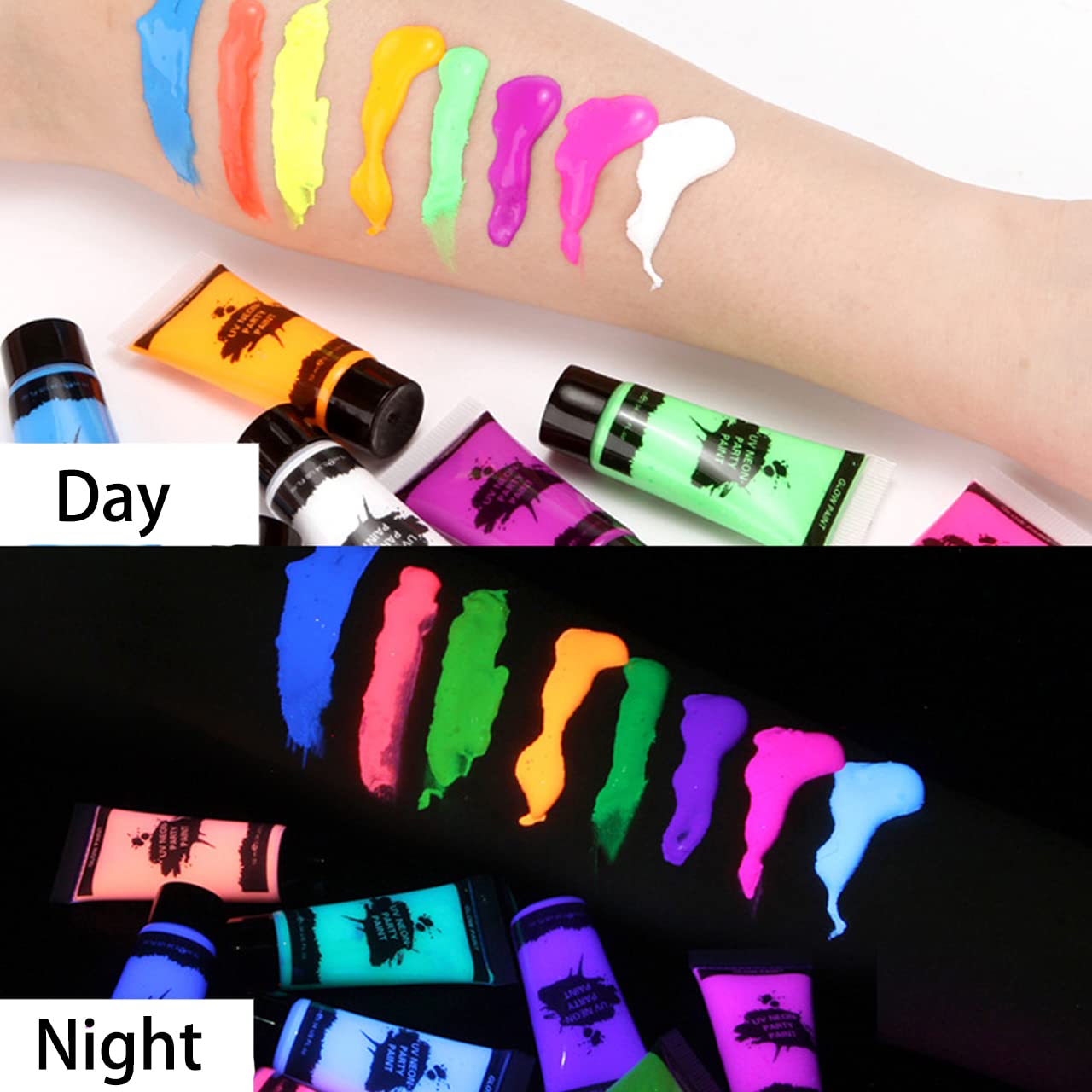 Uv Blacklight Neon Face Body Paint, Meicoly 8 Tubes Blacklight Reactive Paints,Water Based, Washable, Non-Toxic Neon Party Suppl