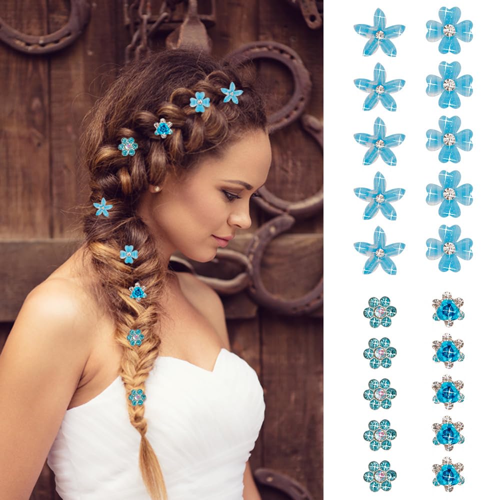 Ahoney 20Pcs Mini Clips For Hair Blue Flower Hair Clips With Rhinestone Cute Hair Pins Decorations Hair Clips For Wedding Prom H