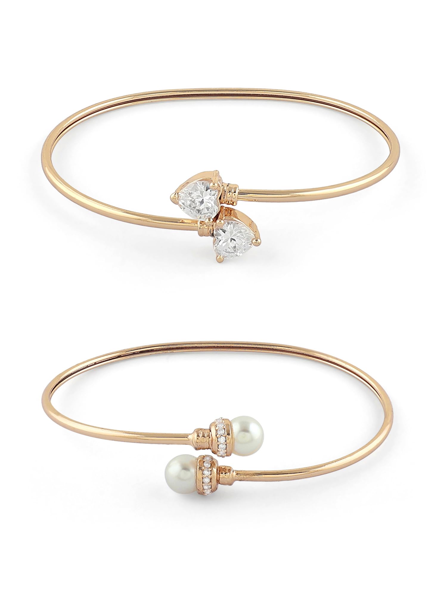 Zaveri Pearls Set Of 2 Rose Gold Tone Contemporary Cubic Zirconia Pearls Brass Kada Style Bracelet For WomenZpfk17972