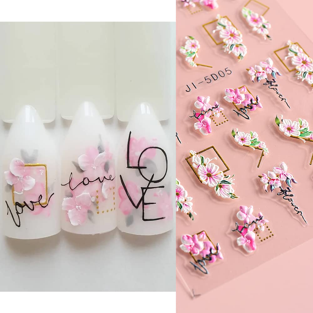 5D Flowers Nail Art Stickers 4 Sheets Pink Flowers Geometric Lines Decor Acrylic Embossed Sliders Gold Strips Nail Decals Acryli