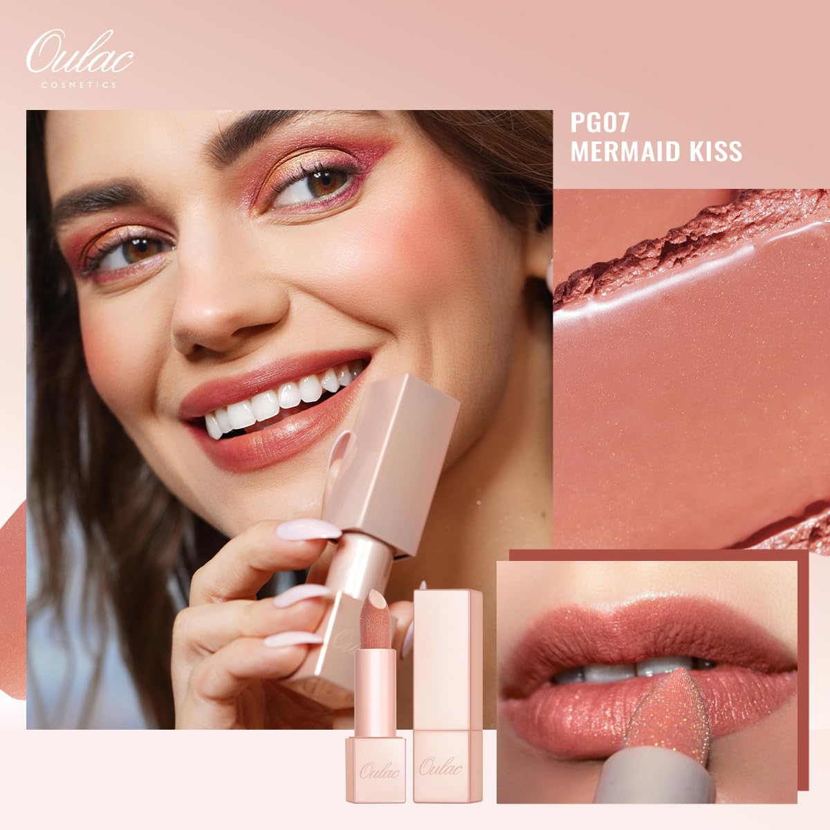 Oulac Moisturizing Peach Lipstick for Girls Moisture-Rich Tinted Lip Balm with Sparkle, Lightweight Lip Makeup, Shea Butter Form