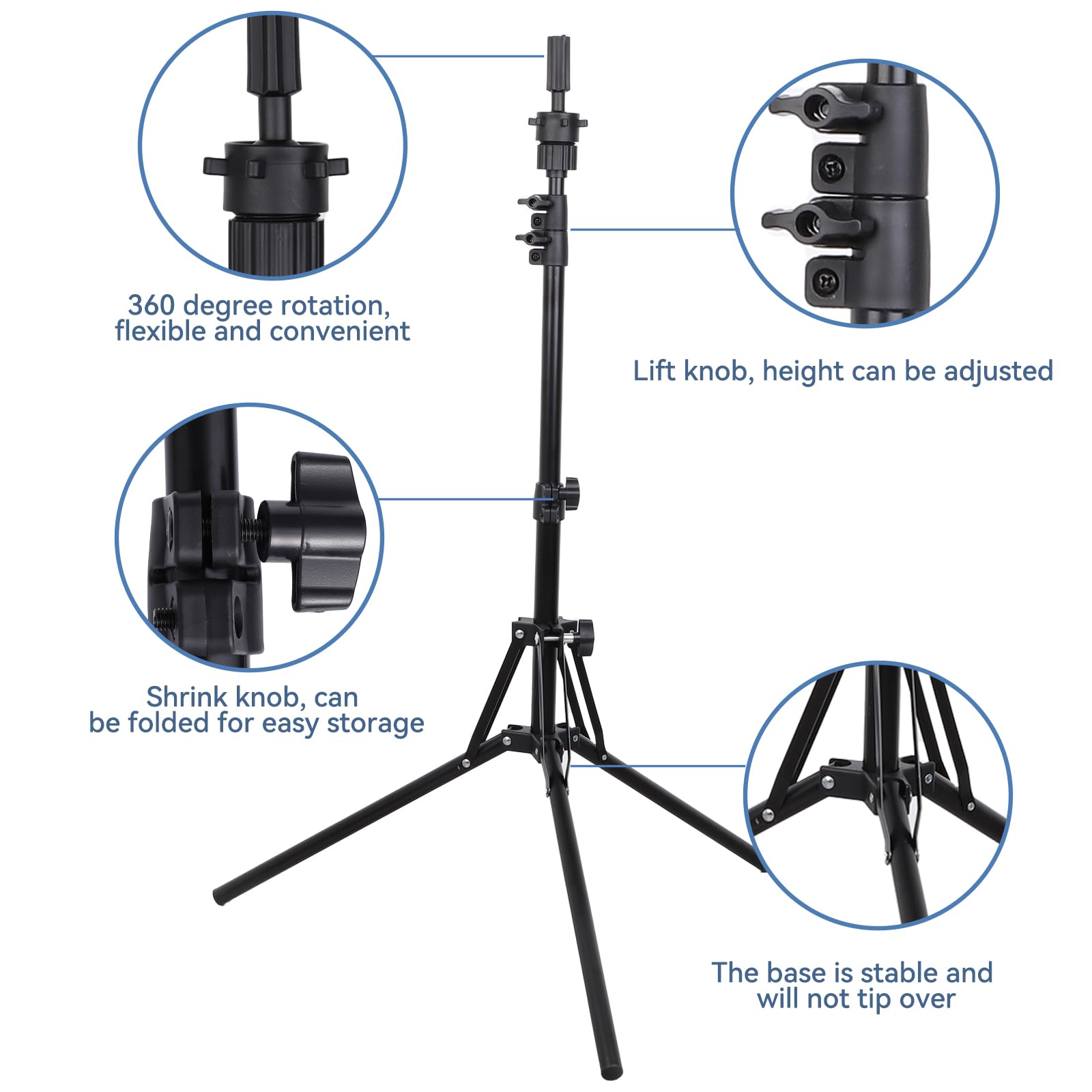 Obeoby Adjustable Wig Stand Tripod, Mannequin Head Stand For Cosmetology Hairdressing Foldable Wig Head Stand With T-Pins, C-Pin