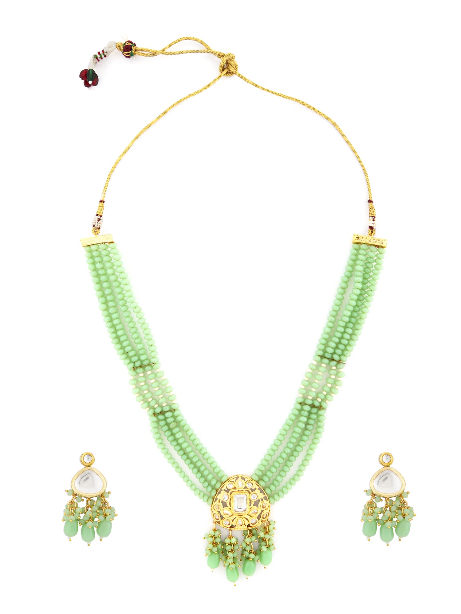 Zaveri Pearls Green Multistrand Beaded Traditional Kundan Necklace & Earring Set For WomenZpfk13542