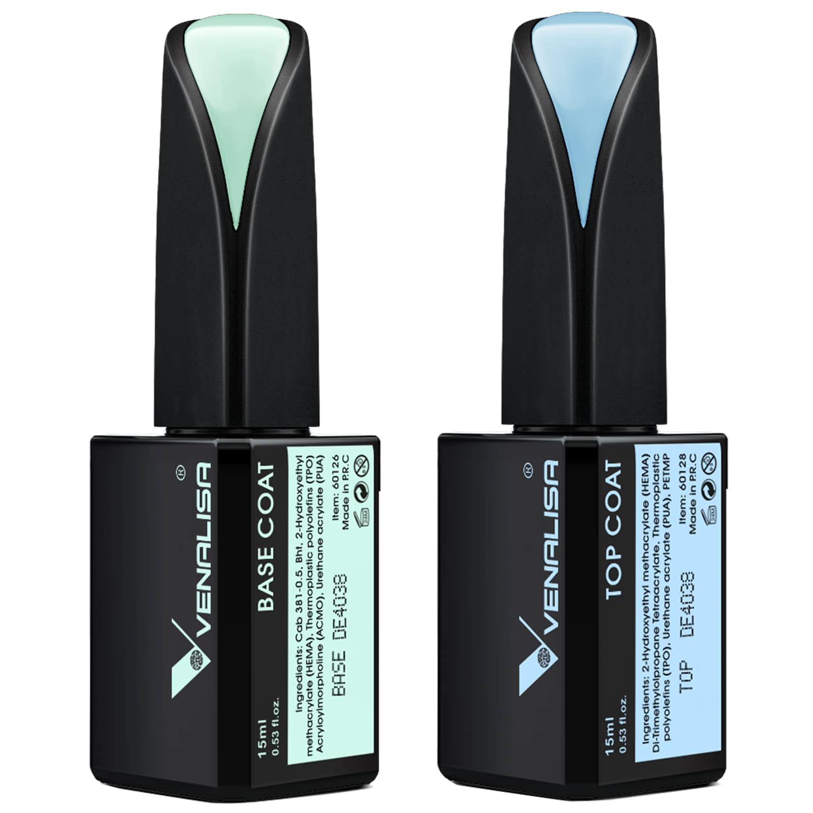 Venalisa 2 Pcs 15Ml Gel Nail Ploish Base And Top Coat Set, No Wipe High Gloss Long Lasting Tempered Top Coat Polish Soak Off Led