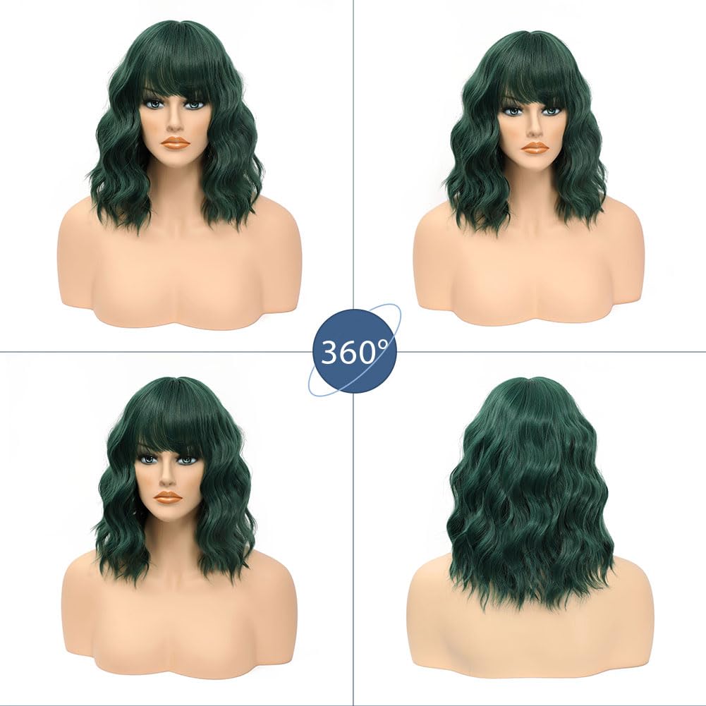 Losmoeer Dark Green Wig With Bangs Short Wavy Wigs For Women Shoulder Length Curly Bob Wigs Heat Resistant Synthetic Wigs For Ha