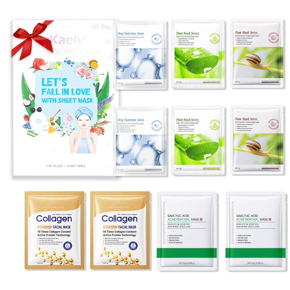 Kaely 10 Pack Variety Sheet Masks,Hydrating Smoothing Face Masks For Women Men,Facial Mask Skin Care Korean,Moisturize,Brighten,