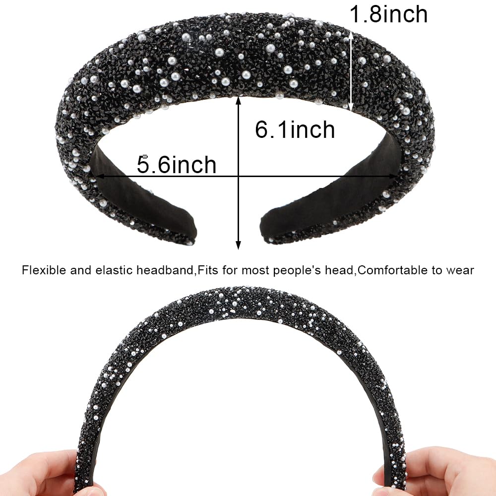 Ahoney 2 Pack Rhinestone Headband Women Girls Thick Padded Headband, Sequin Beaded Pearls Head Band Glitter Cute Headband Birthd