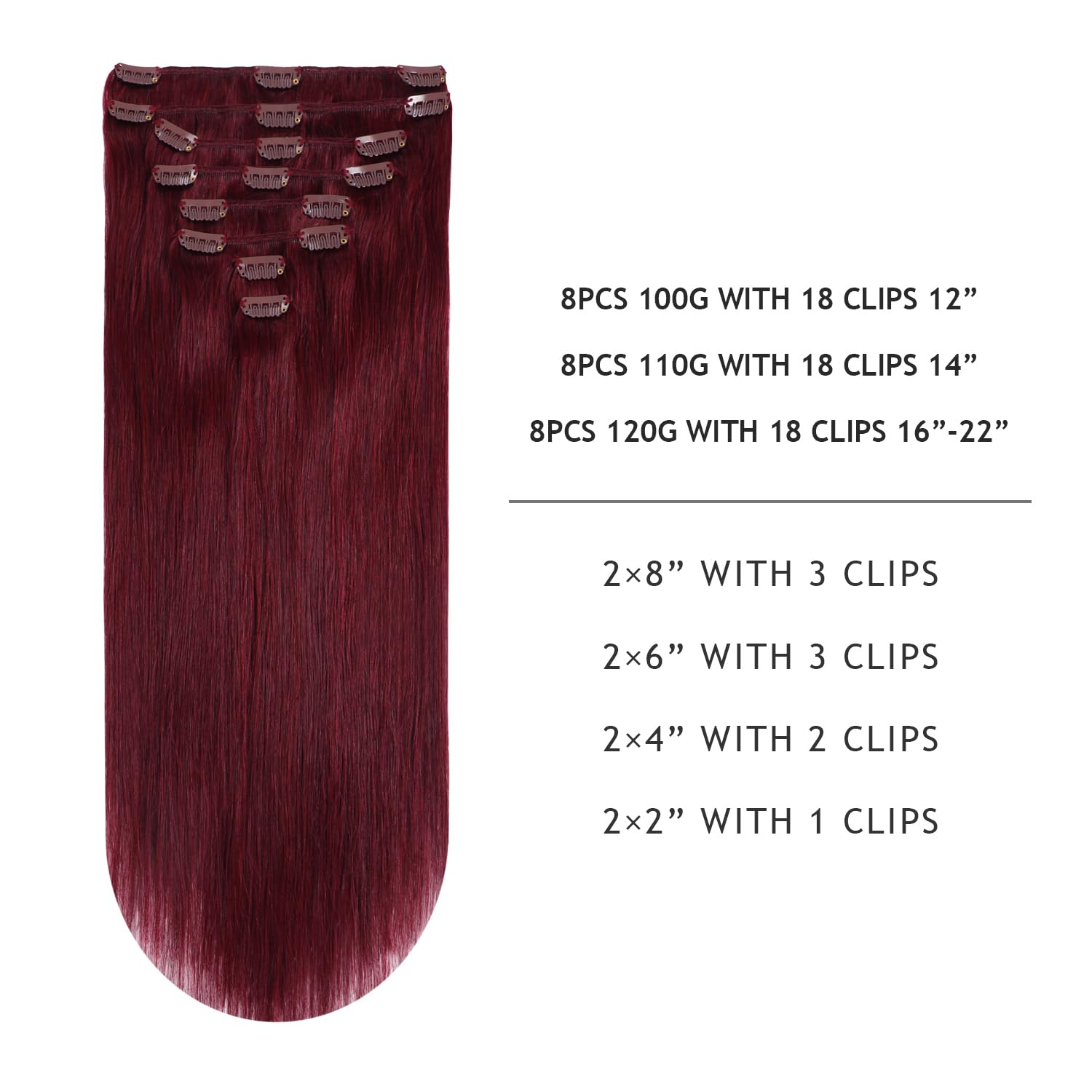 YILITE Clip in Hair Extensions Real Human Hair 8Pcs/Pack 120g Burgundy Straight Thick Invisible Remy Natural Hair Double Weft Cl