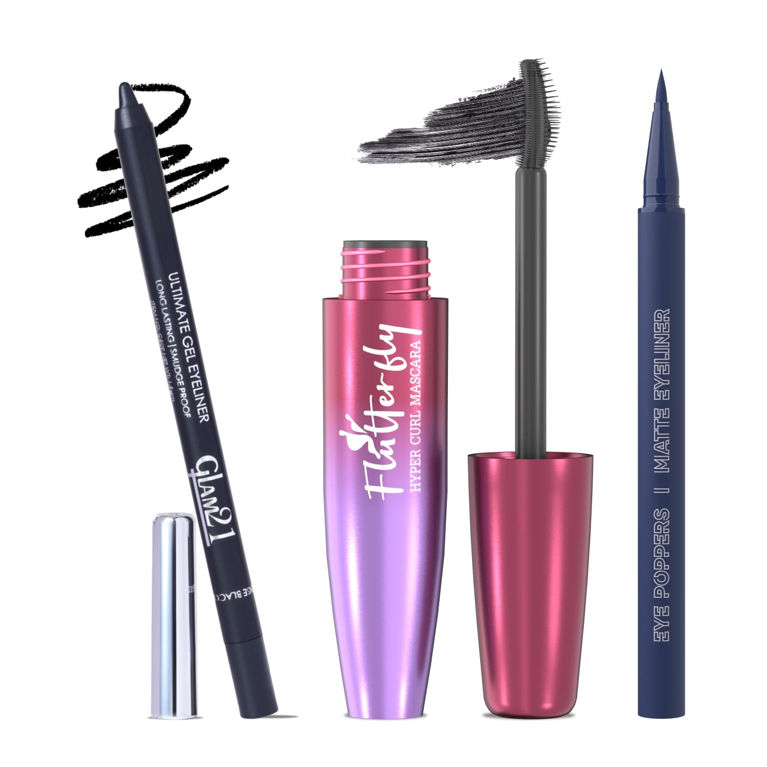Glam21 Eye Makeup Combo: Flutterfly Hyper Curl Waterproof Mascara 10Ml, Eyecraft Kajal 0.25G & Eye Poppers Matte Eyeliner 0.5G |