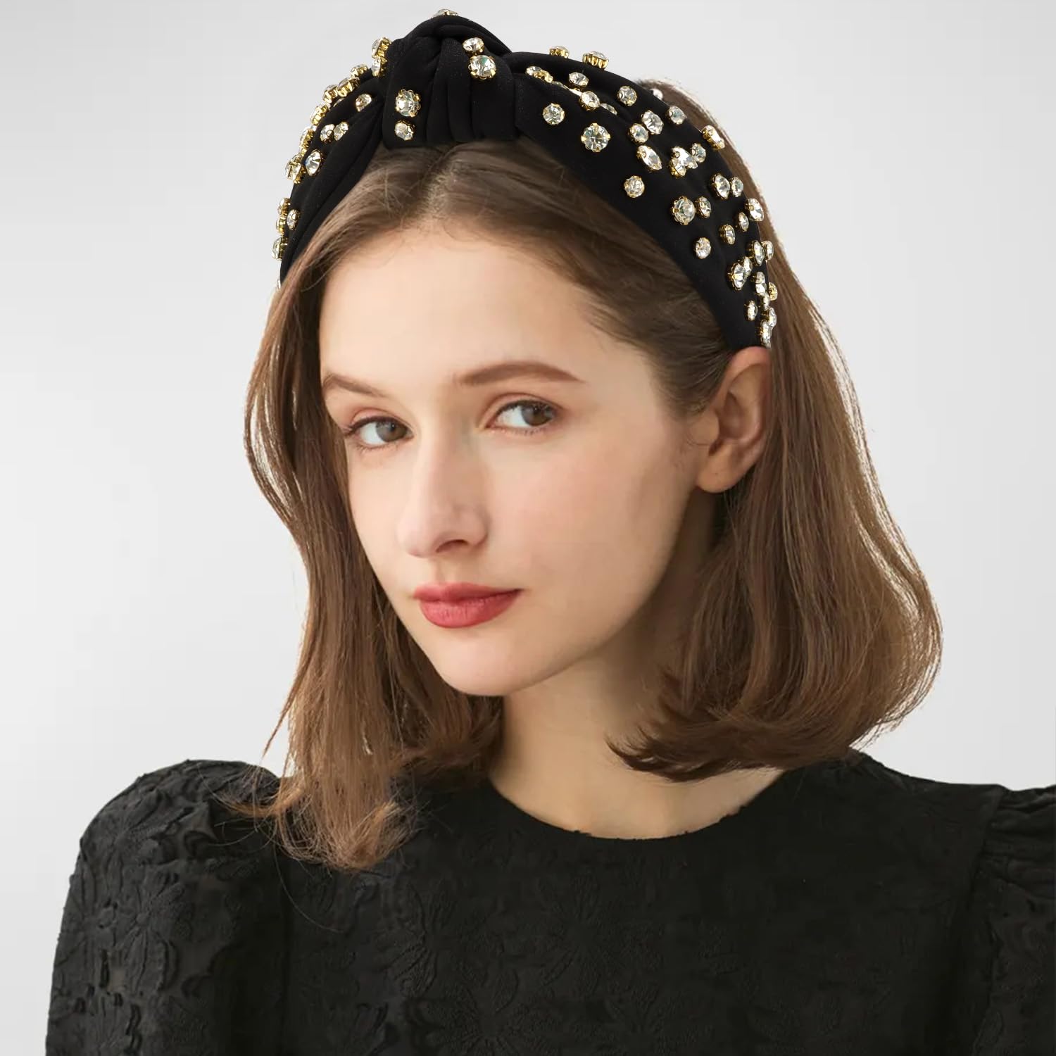 Atoden Wide Top Knot Headband, Black (Clear Rhinestones), Headband For Women'S Hair, Sparkly Embellished Headbands For Girls Gif