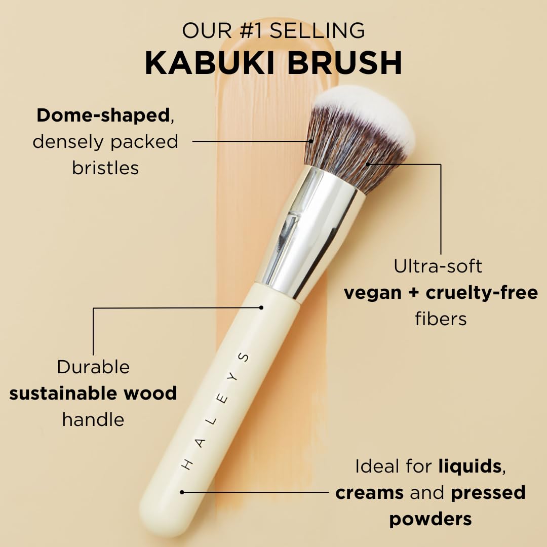 Haleys Kabuki Makeup Brush Vegan+Cruelty-Free, Sustainable Wood, Vegan Bristles For Airbrushed Finish, For Creams, Liquids, Powd