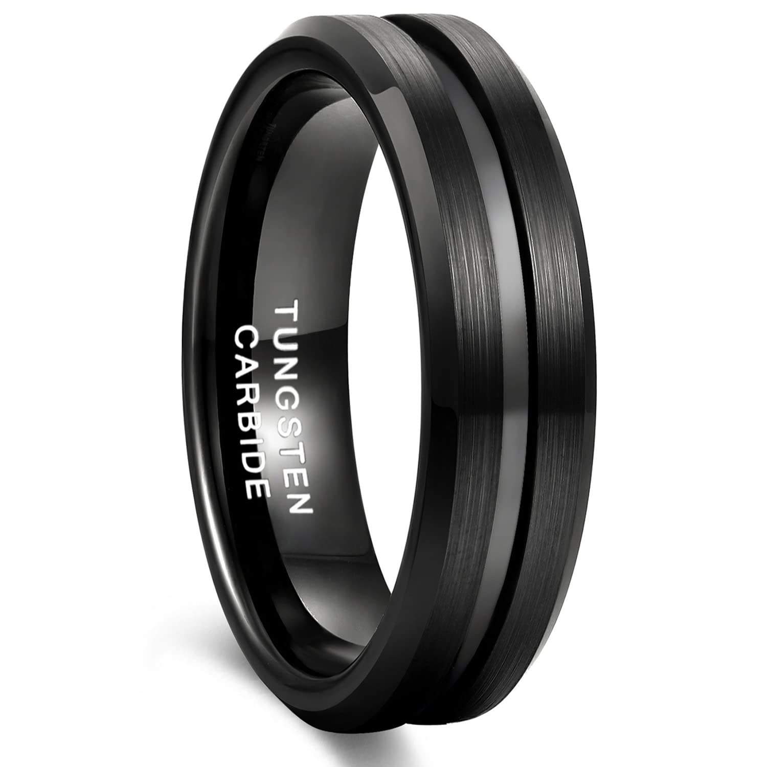 Greenpod 6mm Black Tungsten Wedding Band Ring for Men Grooved Center Brush Finish Comfort Fit Size 10