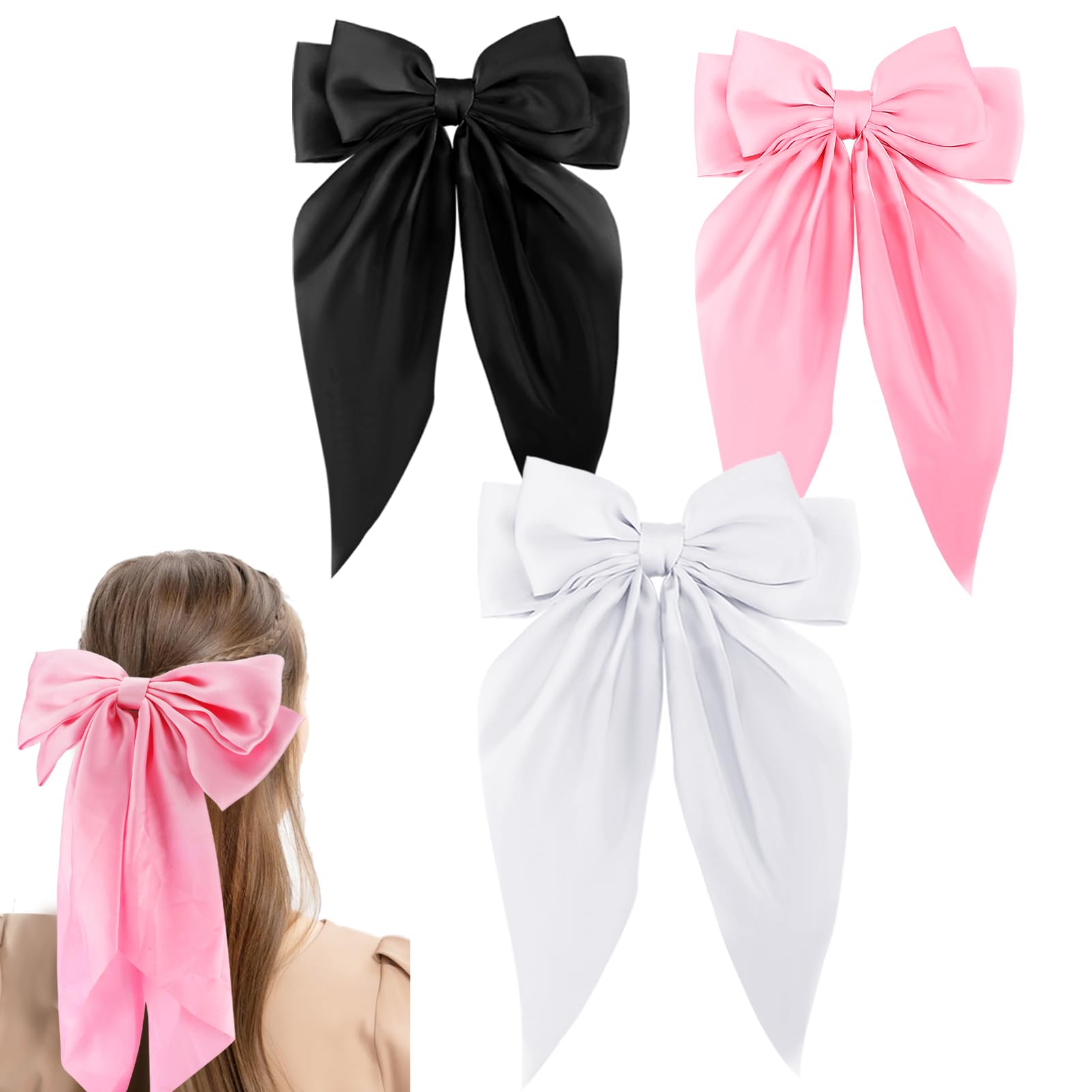 Zkptops 3Pcs Hair Bow Clips for Women Girls Silky Satin Bow Hair Clips Hair Ribbon with Long Tail Cute Oversized Hair Clips Soft