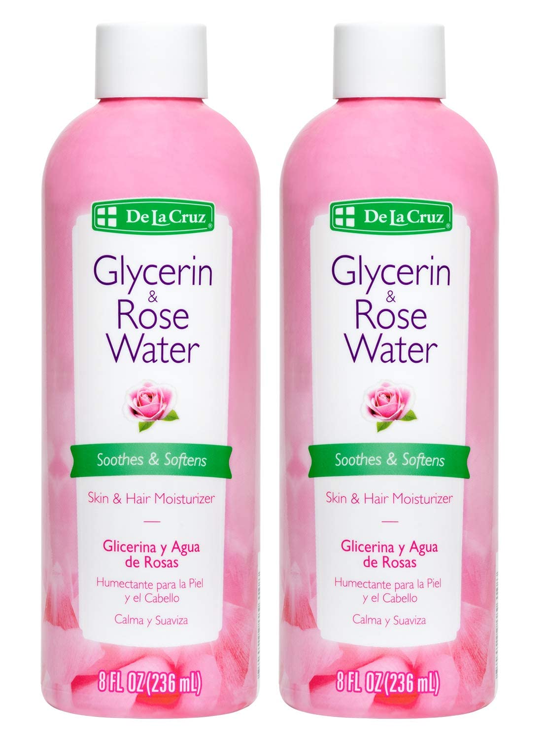 De La Cruz Rose Water And Glycerin For Face - Rosewater Facial Toner And Moisturizer For Skin And Hair 8 Fl Oz (236 Ml) - 2 Bott