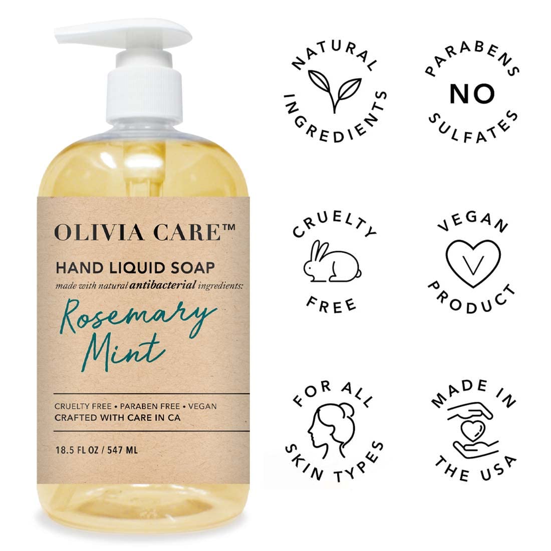 Olivia Care Hand Soap - Infused With Sage & Tea Tree Oil & Rosemary Mint Fragrance, Cleansing, Germ-Fighting, Moisturizing Hand