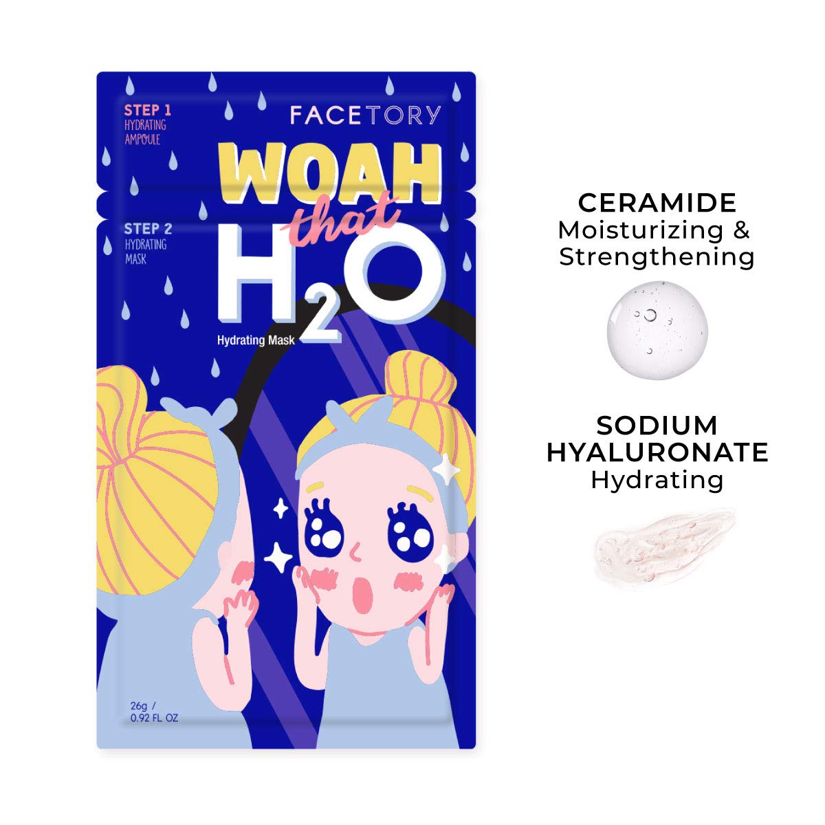 FAcETORY Woah that H2O Hydrating 2-Step Hyaluronic Acid and ceramide Mask - Strengthening and Hydrating (Pack of 5)
