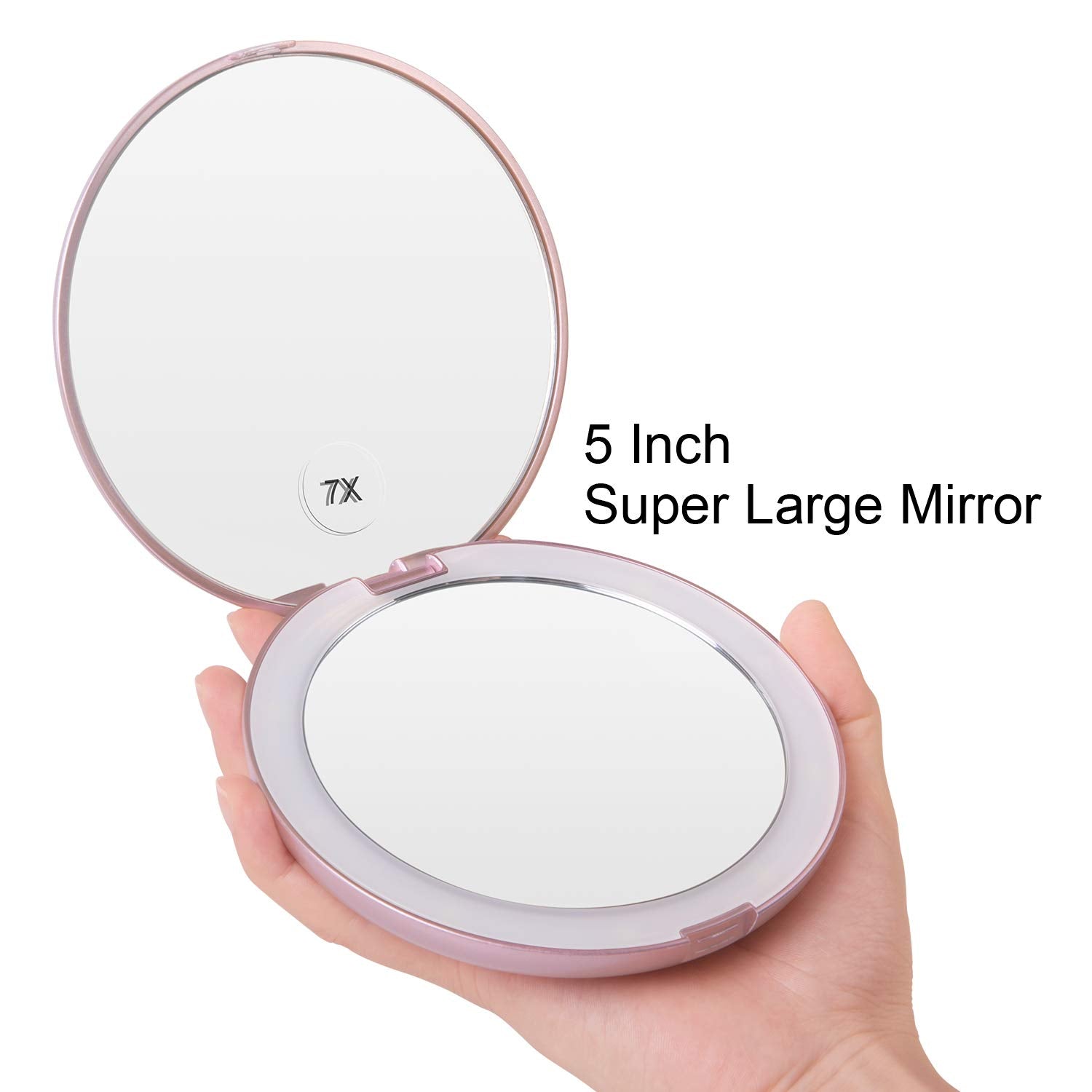 Gospire 5 Inch Lighted Travel Makeup Mirror, Super Large Led Compact Portable Cosmetic Mirror With Battery, 1X/7X Double Sided M