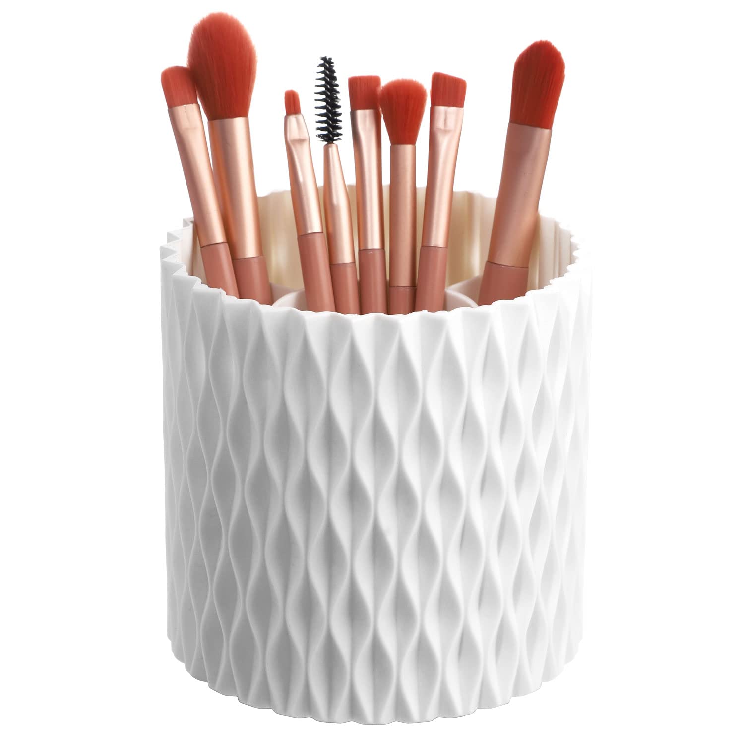 RAMFIYN White 360 Rotating Makeup Organizer, Spinning Makeup Brush Holder, Unique Textured Makeup Brush Cups for Vanity Decor, L