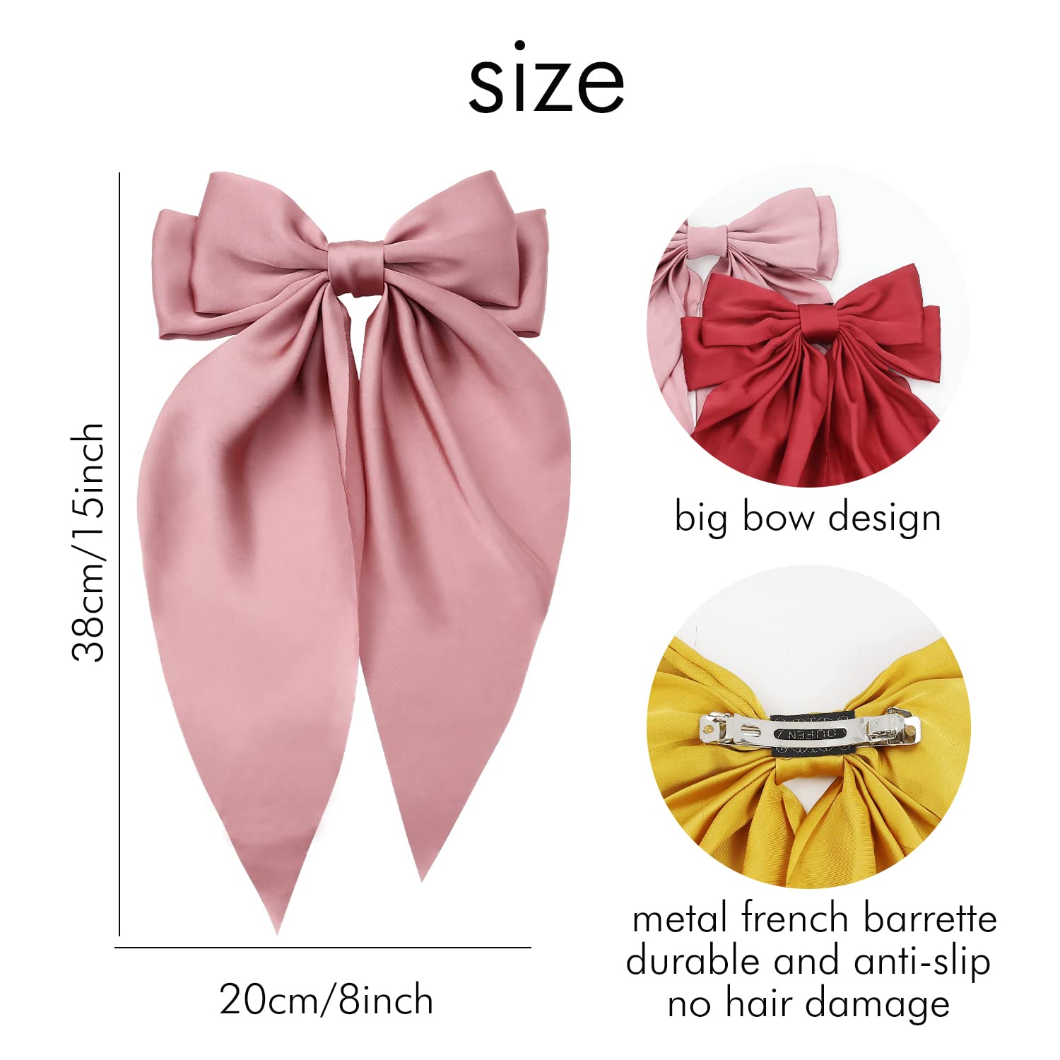 Lawie 6 Pack Satin Large Hair Bows Big Oversized Giant Bow Hair Clips French Barrettes with Long Silky Ribbon Bowknot Bun Ponyta