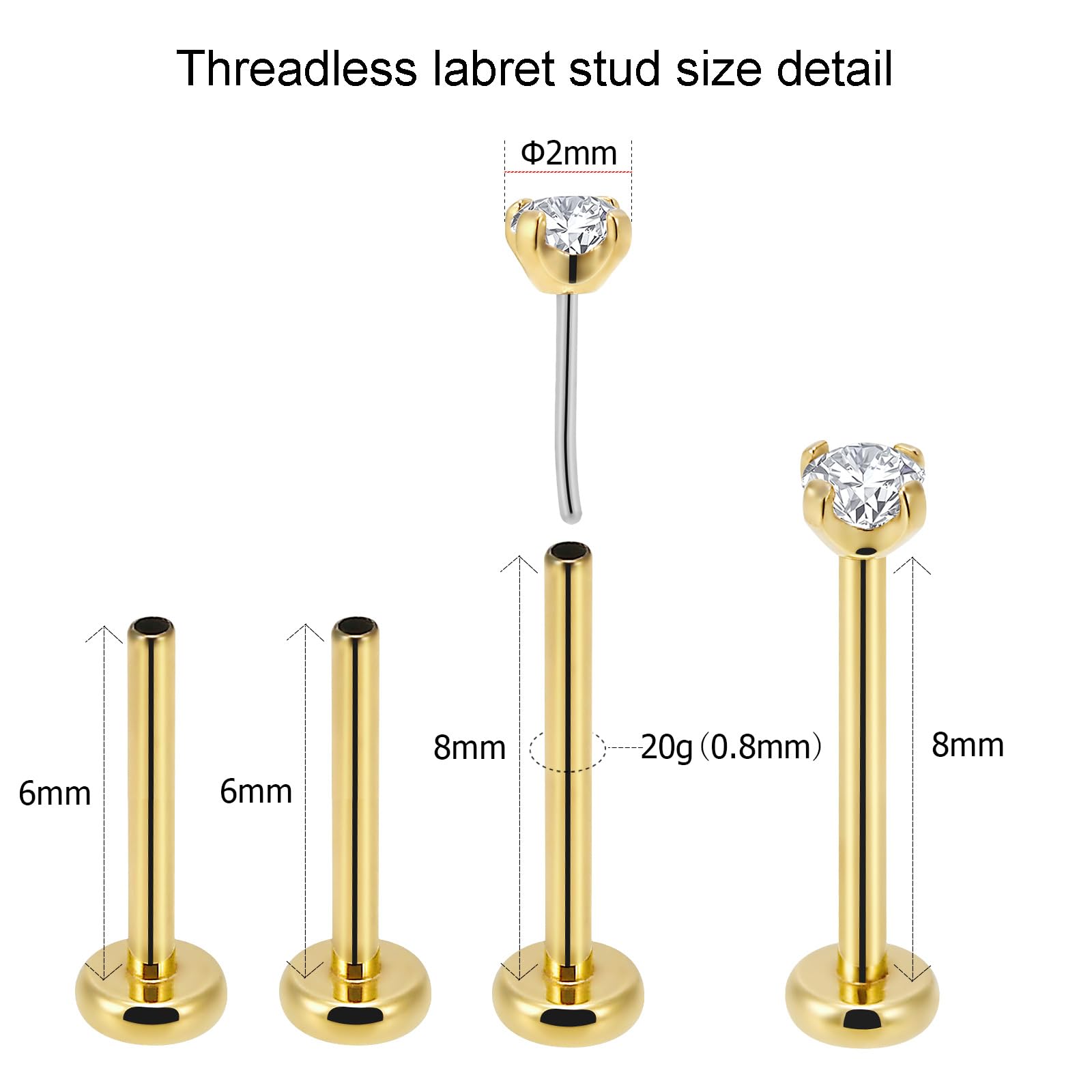 NewkeepsR 2PCS-0.8mm(20g) Titanium Gold Plated Press Fit Threadless Push Pop In Labret Lip Monroe Tragus Smallest Flatback Earri