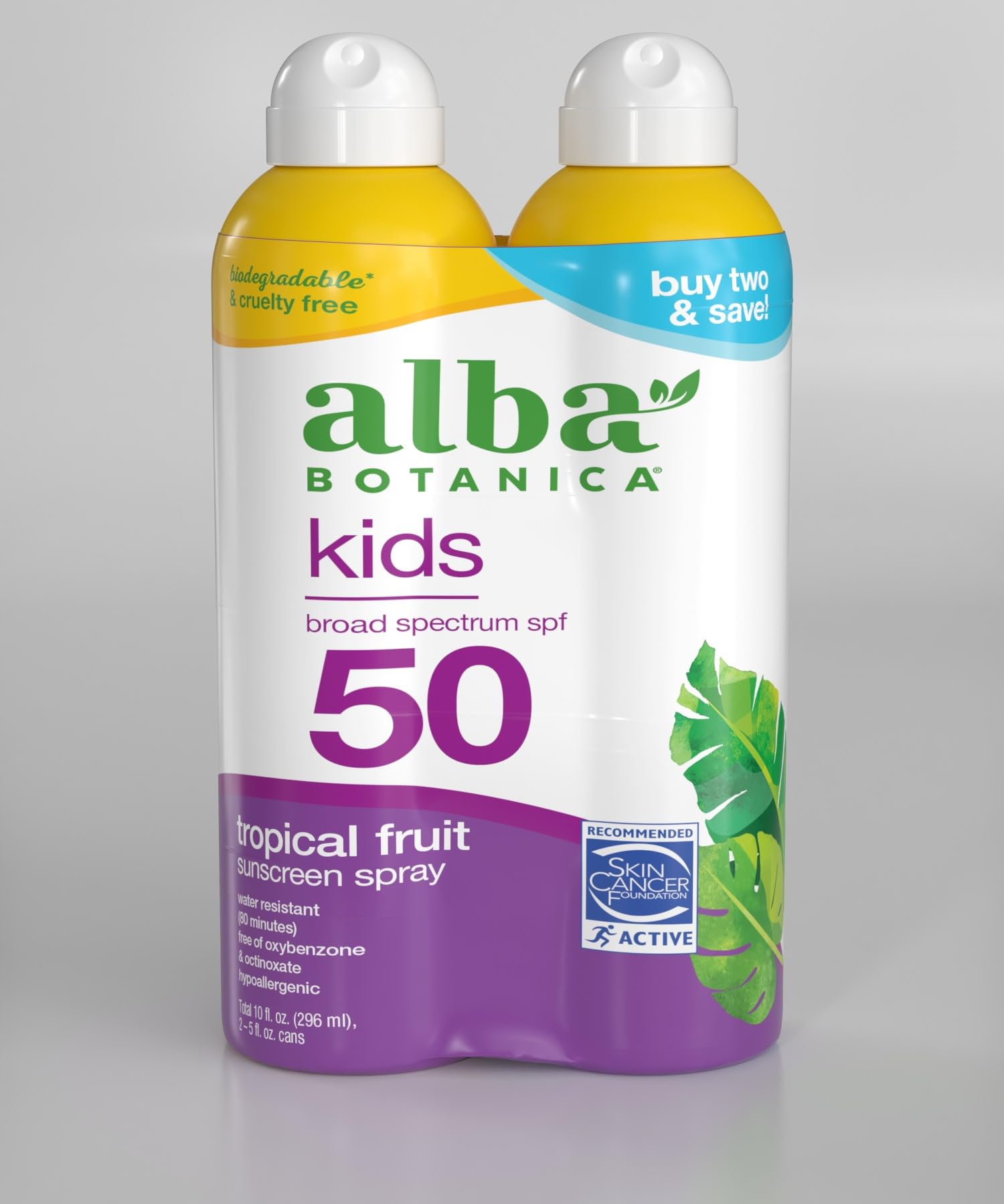 Alba Botanica Kids Sunscreen Spray For Face And Body, Tropical Fruit, Broad Spectrum Spf 50, Water Resistant, 5 Fl. Oz. Bottle (
