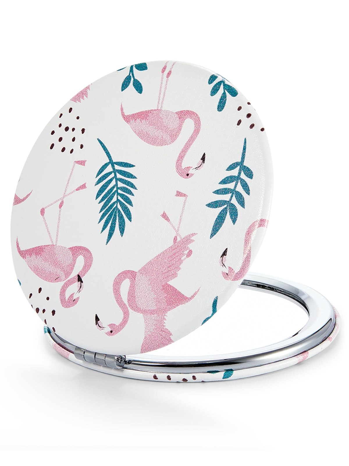 Omiro 1X/10X(300R) Compact Magnifying Mirror, Unique Painting Pocket Mirror With Classical Pu Leather (Round,Pink Flamingos)