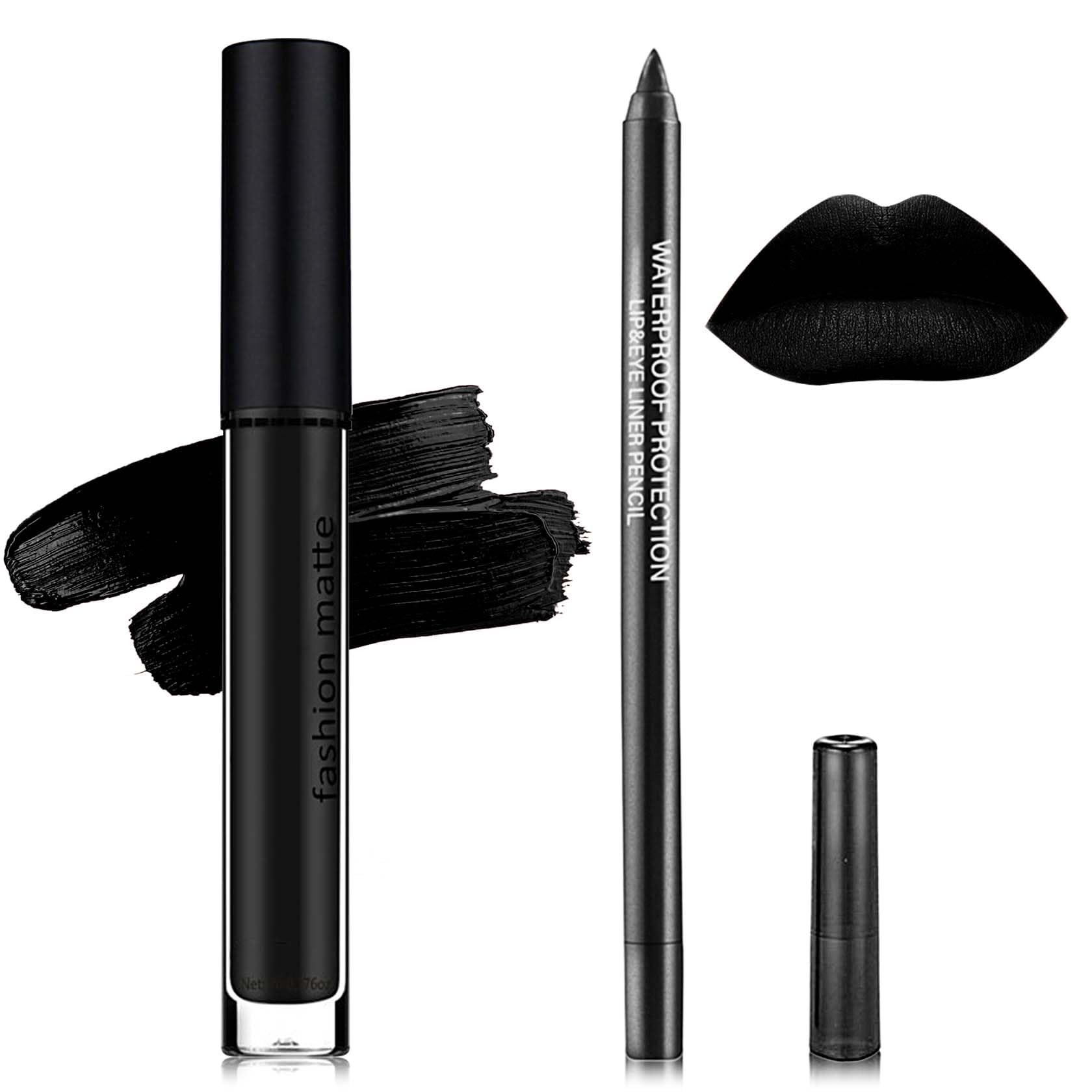 Duozeng Black Matte Liquid Lipstick,2 Pcs Lip Liner And Lipstick Set,Black Lip Stain Gloss Long Lasting Waterproof Lipgloss High