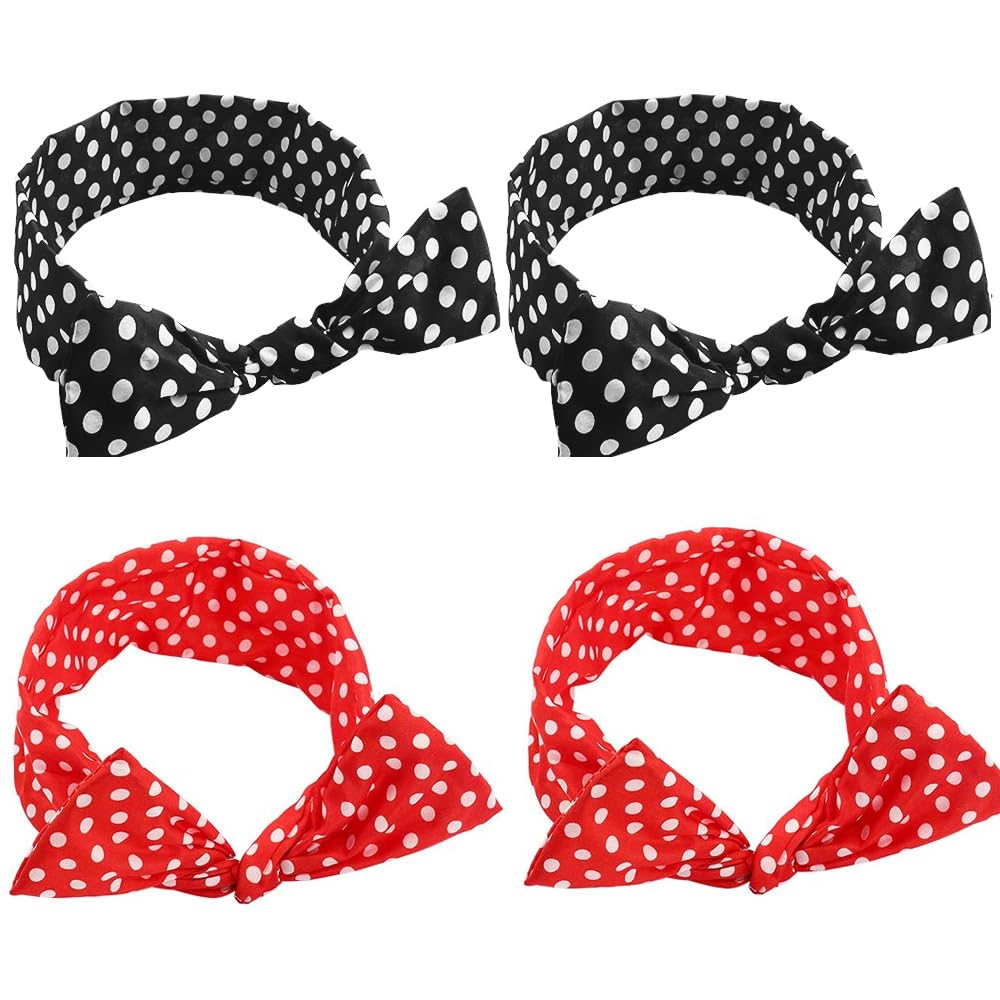 AHONEY 4 Pack Red Black Bow Headband for Women, Polka Dot Wire Headband, Retro Bandana 50s Outfits Hairband Vintage Christmas Ha